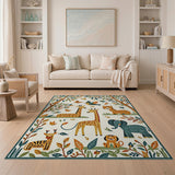Whimsical Safari Kids Rug with Giraffes Tigers Elephants
