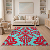 Bold Red Mandala Teal Area Rug