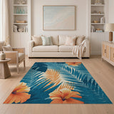 Teal Monstera Palm Orange Hibiscus Area Rug