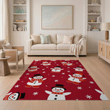 Kids Cartoon Red Festive Cartoon Snowmen Red Area Rug