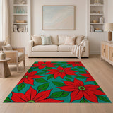 Vibrant Red Poinsettia Teal Area Rug