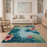 Teal Hibiscus Palm Leaf Coastal Area Rug