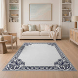 Ornate Navy Blue Floral Border Area Rug