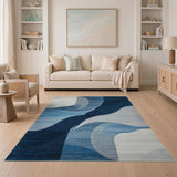 Geometric Modern Blue and Teal Abstract Blue Wave Geometric Area Rug