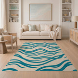Teal Ocean Waves Area Rug on Beige