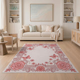 Ornate Pink Rose Butterfly Floral Area Rug