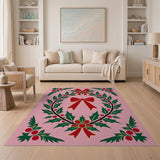 Pink Holly Wreath Area Rug with Red Bows