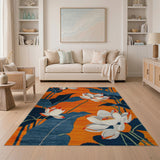 Vibrant Orange Lotus Blossom Rug with Navy Leaves