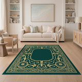 Emerald Green Persian Area Rug with Gold Ornate Border