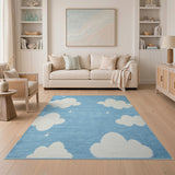 Whimsical Blue Clouds Stars Kids Area Rug