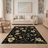 Gilded Ivory Peony Daisy Black Area Rug