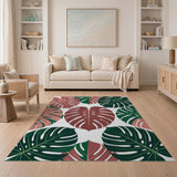 Pink Green Monstera Leaves Boho Area Rug