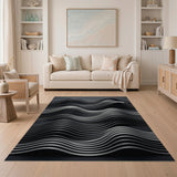 Layered Wave Black White Geometric Area Rug