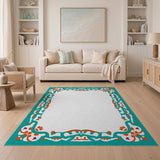 Teal Persian Floral Border Area Rug