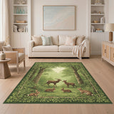 Woodland Deer and Rabbits Green Rug