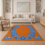 Vibrant Blue Hibiscus Floral Orange Area Rug