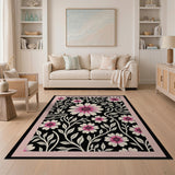 Vintage Pink Floral Area Rug on Black
