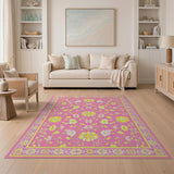 Pink Floral Vintage Area Rug with Yellow Blooms