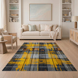 Distressed Grey Wood Plaid Rug with Yellow Splashes