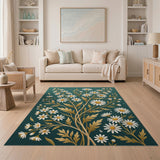 ODIKA Washable Teal Floral Daisy Area Rug - Low Pile Non-Slip Pet Friendly Botanical Mat