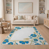 Blue Floral Gold Border Area Rug