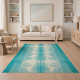 Teal Striped Geometric Area Rug with Ivory Shapes