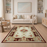 Elegant Ivory Peony Floral Area Rug with Burgundy Border