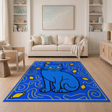 Whimsical Blue Cartoon Cat Area Rug with Yellow Lanterns