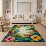 ODIKA Tropical Hibiscus Pineapple Washable Area Rug - Low Pile & Non-Slip