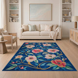 Navy Blue Pink Peony Floral Area Rug