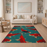 Vibrant Red Koi on Teal Area Rug