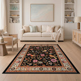 Black Persian Rug with Vibrant Flowers Birds