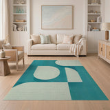 Teal Ivory Curved Geometric Area Rug