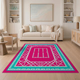 Pink Teal Geometric Border Area Rug