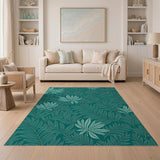 Blue and Teal Teal Palm Leaf Area Rug