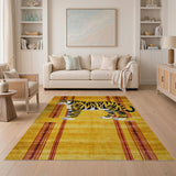Golden Tiger Area Rug with Red Tribal Borders