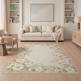 Vintage White Floral Border Beige Area Rug