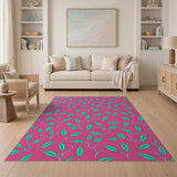 Vibrant Hot Pink Teal Leaf Boho Area Rug