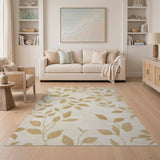 Beige and Neutral Elegant Gold Leaf Beige Area Rug