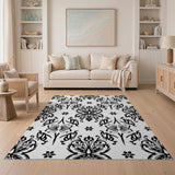 Elegant Black White Damask Floral Black and White Area Rug