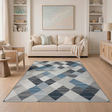 Blue Teal Grey Geometric Diamond Area Rug