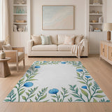 Cornflower Blue Floral Leaf Border Area Rug