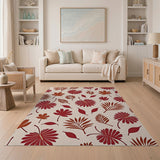 Red Hibiscus Flower Leaf Pattern Area Rug