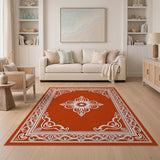 Red Floral Mandala Area Rug with Ornate White Borders