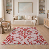 Red Floral Damask on Pink Area Rug