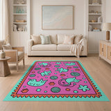Playful Teal Cartoon Cats with Yarn Balls Area Rug