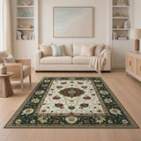 Traditional Persian Green Ivory Floral Medallion Rug