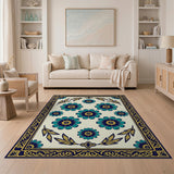 Teal Floral Persian Rug with Gold Border