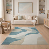ODIKA Washable Abstract Wave Area Rug - Modern Teal & Beige Low Pile Non-Slip Rug