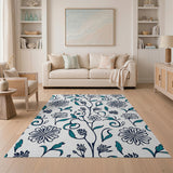 Teal Floral Outline Area Rug